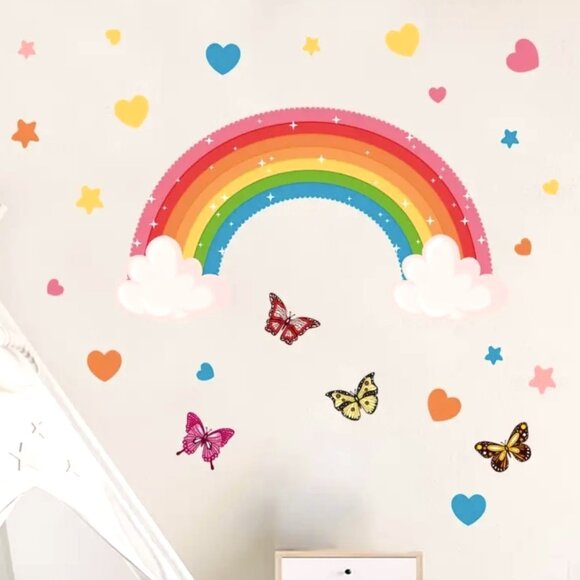 Kid's Wall Decals Stickers Magical Colorful PVC Rainbow Hearts Stars Butterflies - Picture 2 of 2